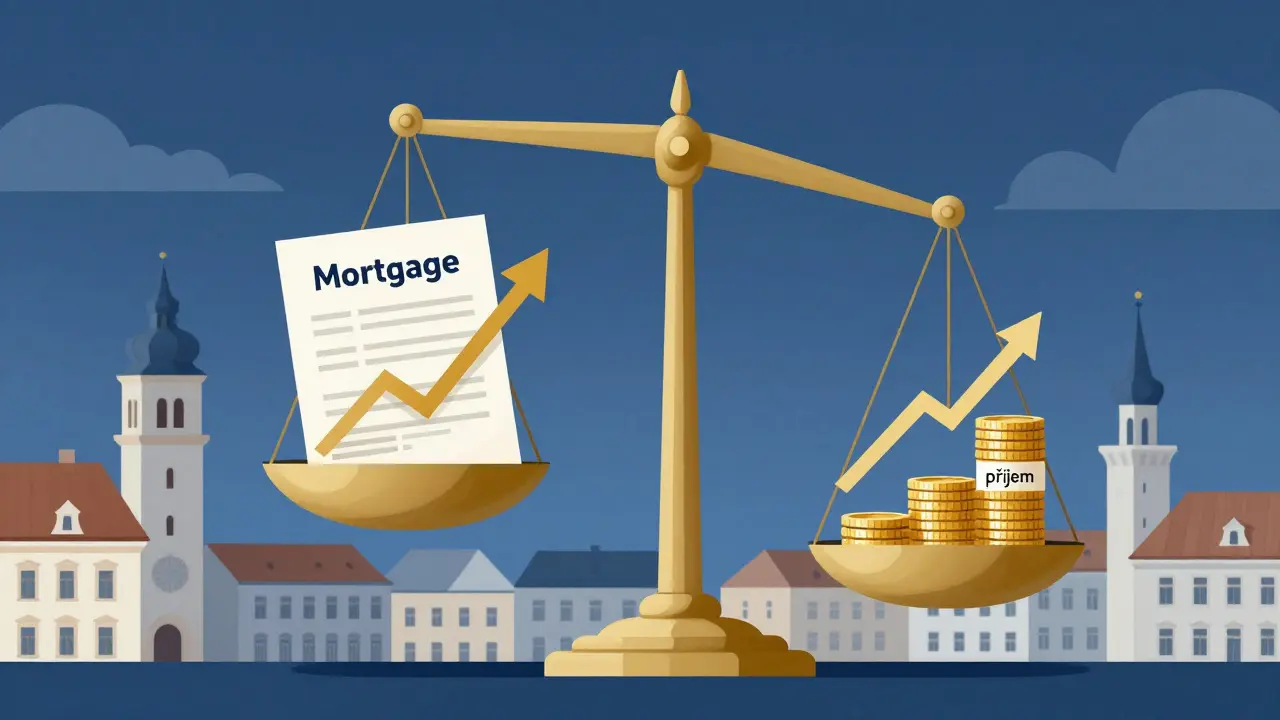 Váha s hypotékou a příjmem v pozadí českých měst