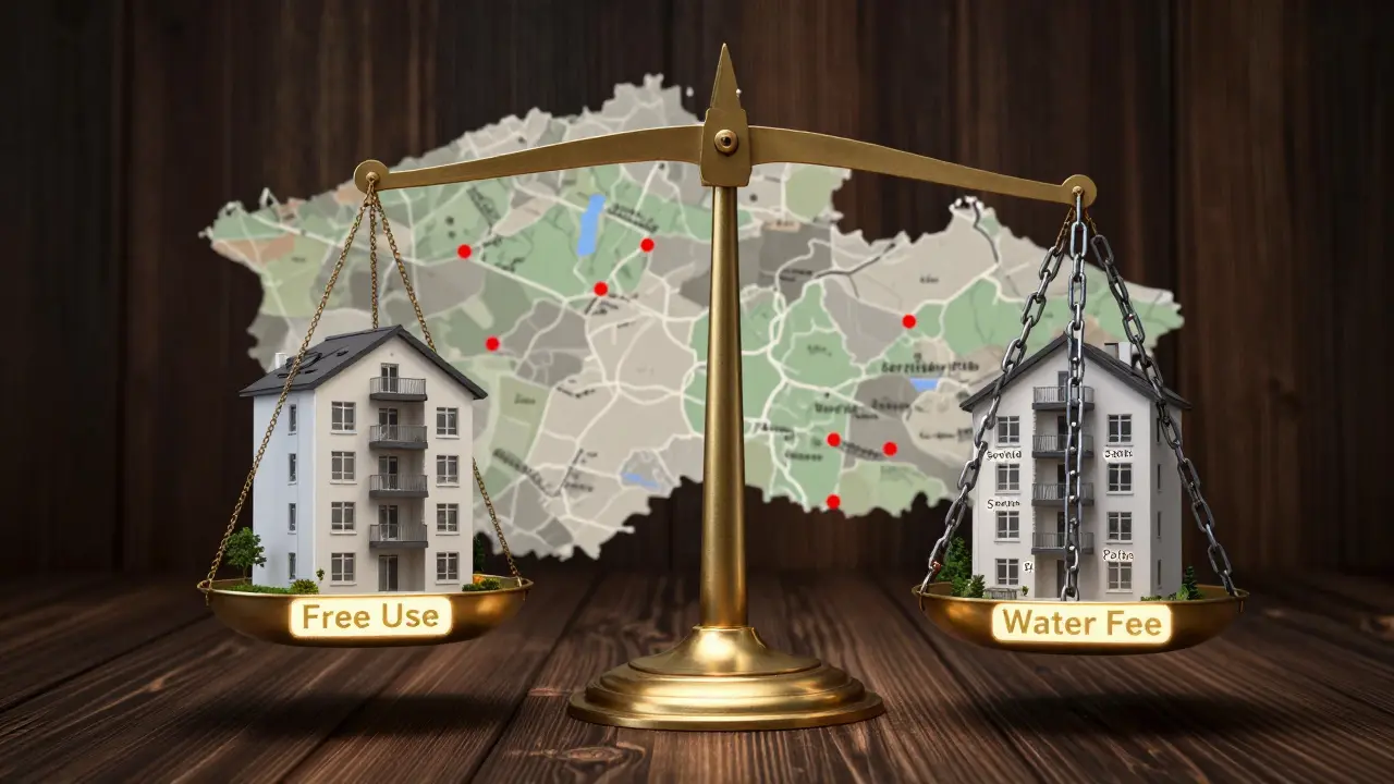 Váha s nemovitostí na jedné straně a třemi těžkými řetězy reprezentujícími právní vady na druhé.