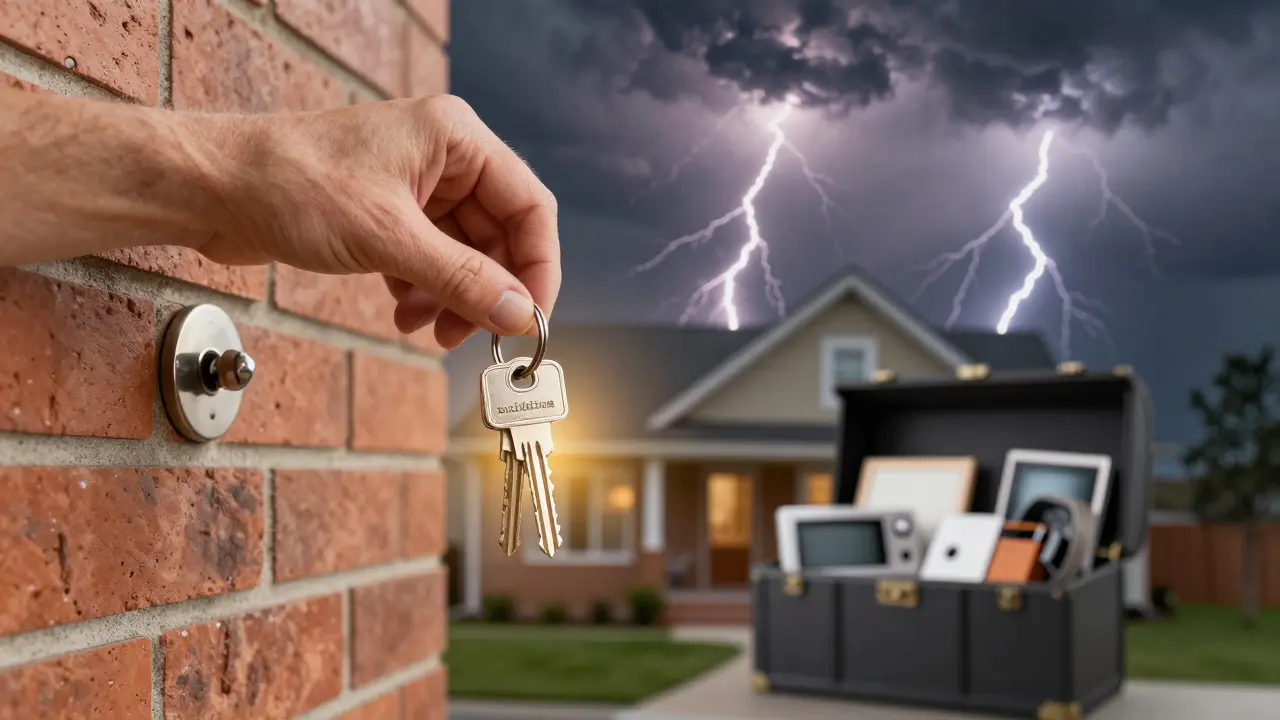 Vlastník drží dvě klíče, které otevírají stavbu a věci domácnosti za bouřlivého nebe.