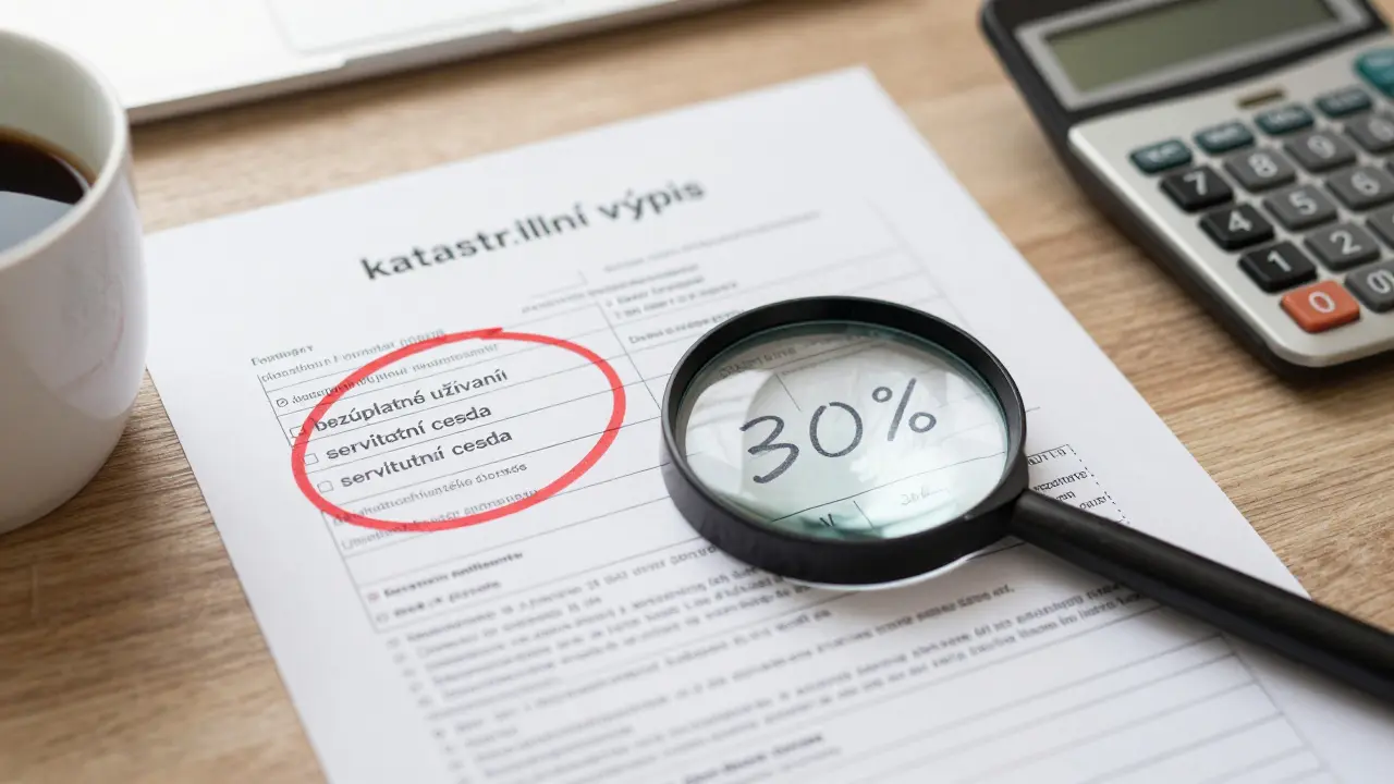 Výpis z katastru nemovitostí s označenými právními břemeny a výpočtem snížení hodnoty.