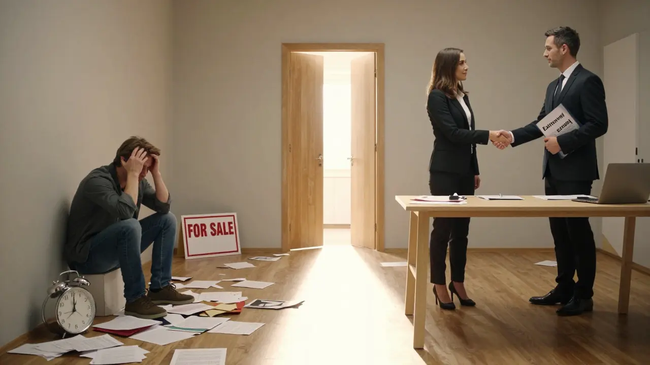 Zmatený prodejce vs. tým makléře a právníka, kteří vytvářejí jasnou cestu k úspěšnému prodeji.