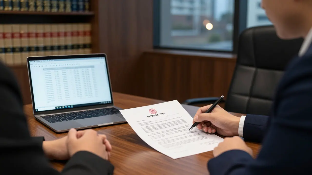 Bankovní úředník a notář přezkoumávají znalecký posudek v kanceláři.