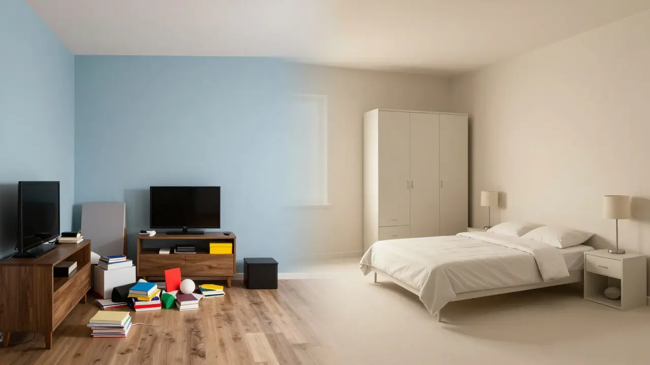 Before-and-after view of a bedroom transformed from cluttered to minimalist, highlighting the power of simplicity for better sleep.