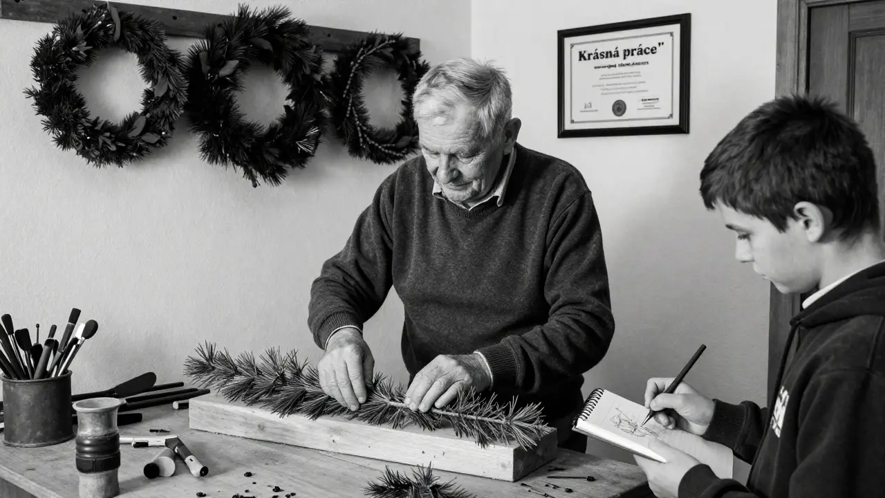 Český řemeslník a student v dílně, kde se předávají tradiční dovednosti při tvorbě věnců z přírodních materiálů.