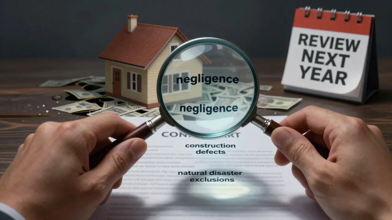 Člověk s loupacím sklem prozkoumává pojistnou smlouvu, kde se objevují skryté výluky jako stíny.