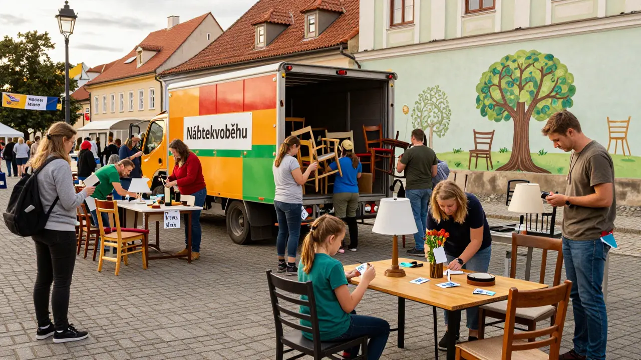 Community event where people return used furniture to a recycling truck, children painting tags.