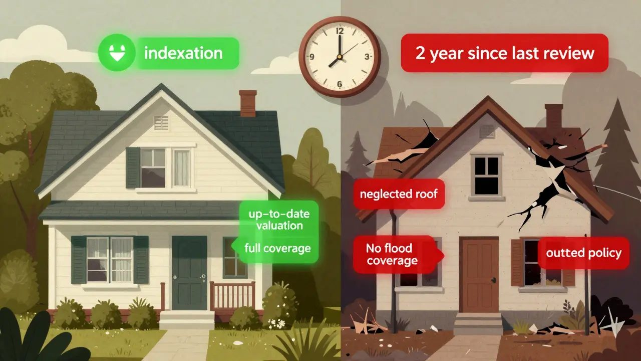 Dům rozdělený na dvě části: jedna správně pojištěná, druhá s varovnými značkami zanedbání a výluk.