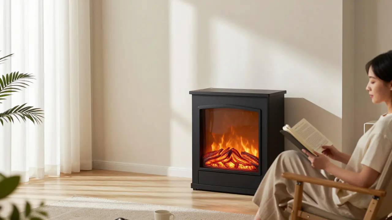 Elektrický krb v létě svítí jen světlem, bez tepla, v klidném prostředí s rostlinami a záclonami.