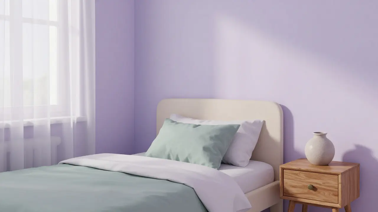 Klidná ložnice s bledě fialovými stěnami, krémovou postelí a jedním zeleným polštářem v večerním světle.