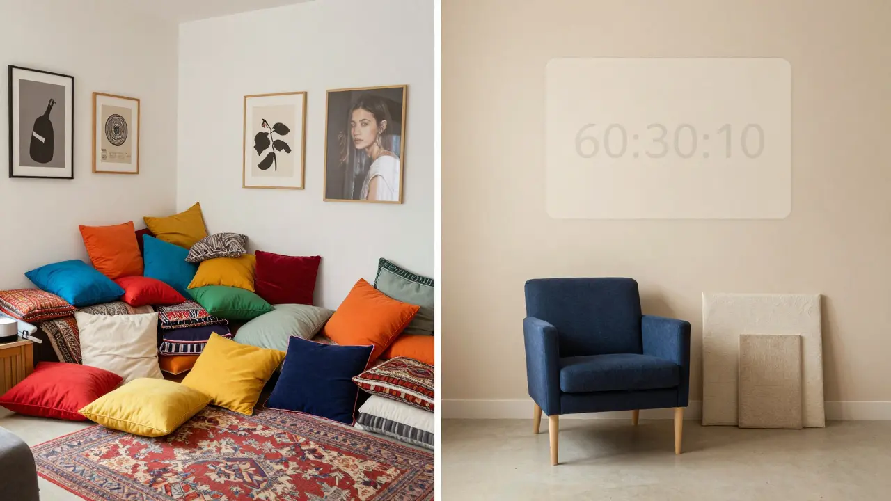 Kontrast mezi chaosem příliš mnoha barev a harmonickým interiérem podle pravidla 60:30:10.