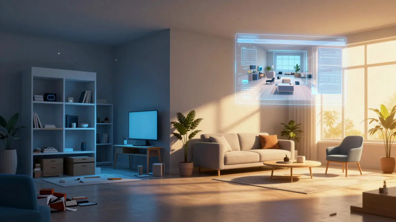 Kontrast mezi nepořádným a upraveným interiérem pro prezentaci