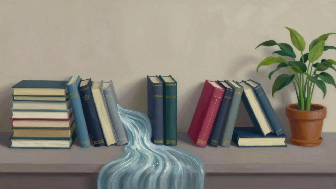 Koutek k čtení s knihami tvořícími barevný rytmus, kde fialová kniha a zlatý hrot vytvářejí vizuální bod zájmu.