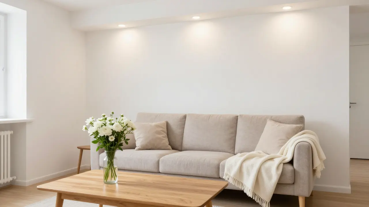 Minimálně vybavený byt s neutrálními polštářky, plédem a čerstvými květinami v bílém prostředí.