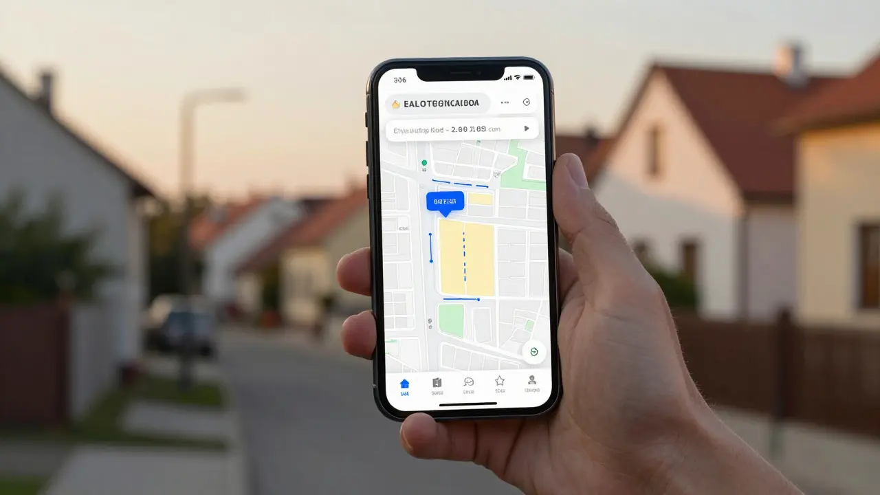 Mobilní aplikace zobrazuje informace o vlastnictví domu při přístupu k nemovitosti.