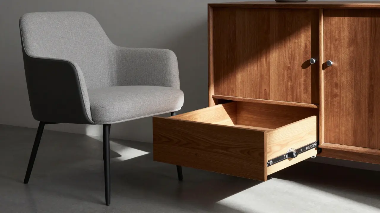 Moderní český nábytek s viditelným kováním Blum a Hettich, otevřená zásuvka s dřevěným vnitřkem.