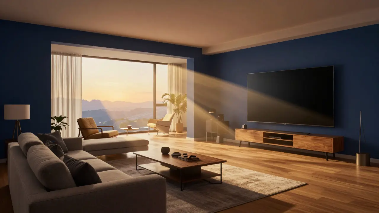 Moderní obývací pokoj s optimální vzdáleností k televizi