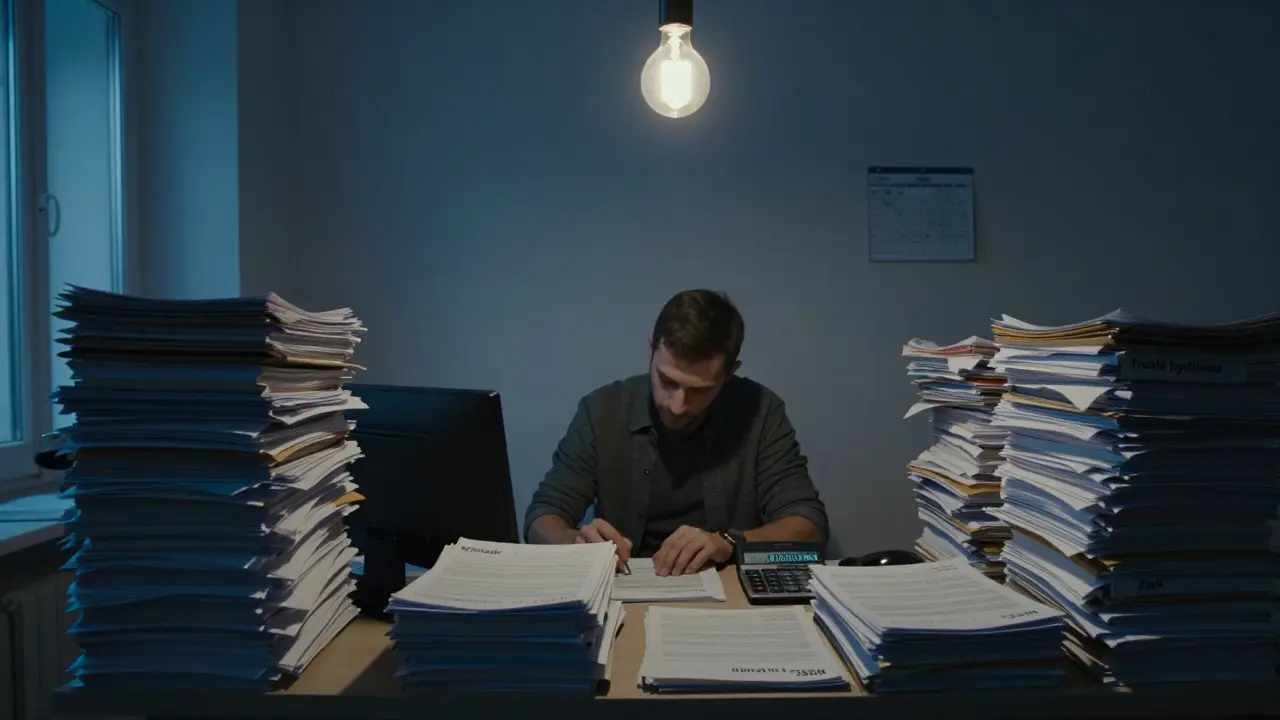 Muž v daňovém úřadě před stohem dokumentů s výdaji a ziskem z prodeje nemovitosti v roce 2025.