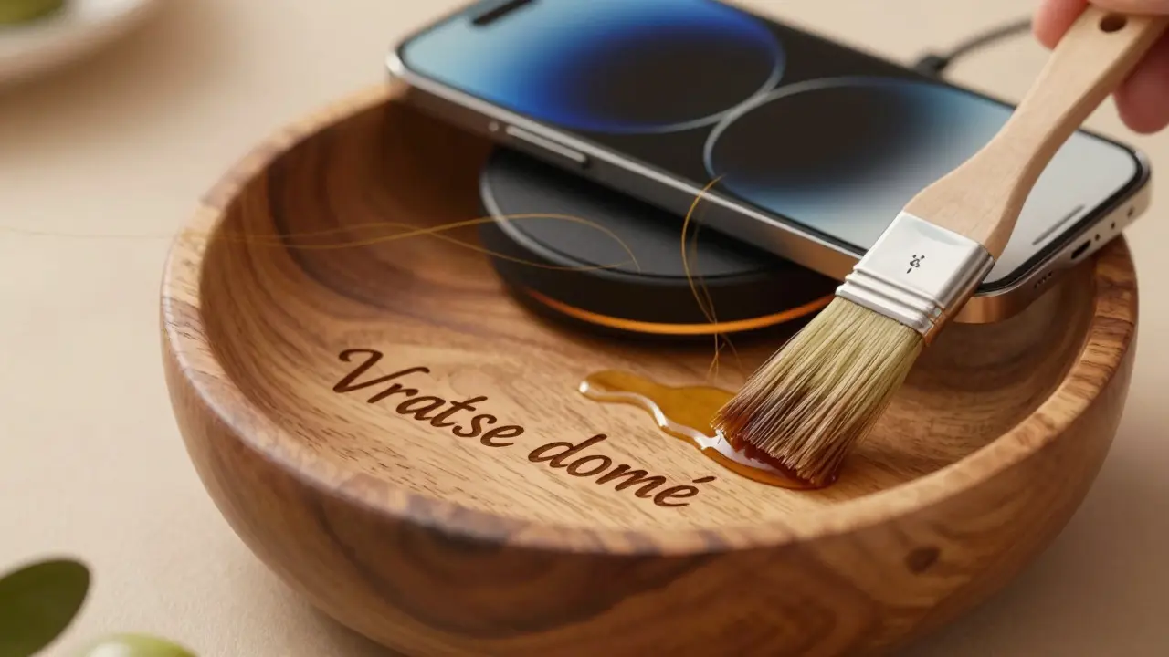 Osobně gravírovaná dřevěná miska na klíče s textem 'Vrať se domů' a telefonem na bezdrátovém nabíjení.