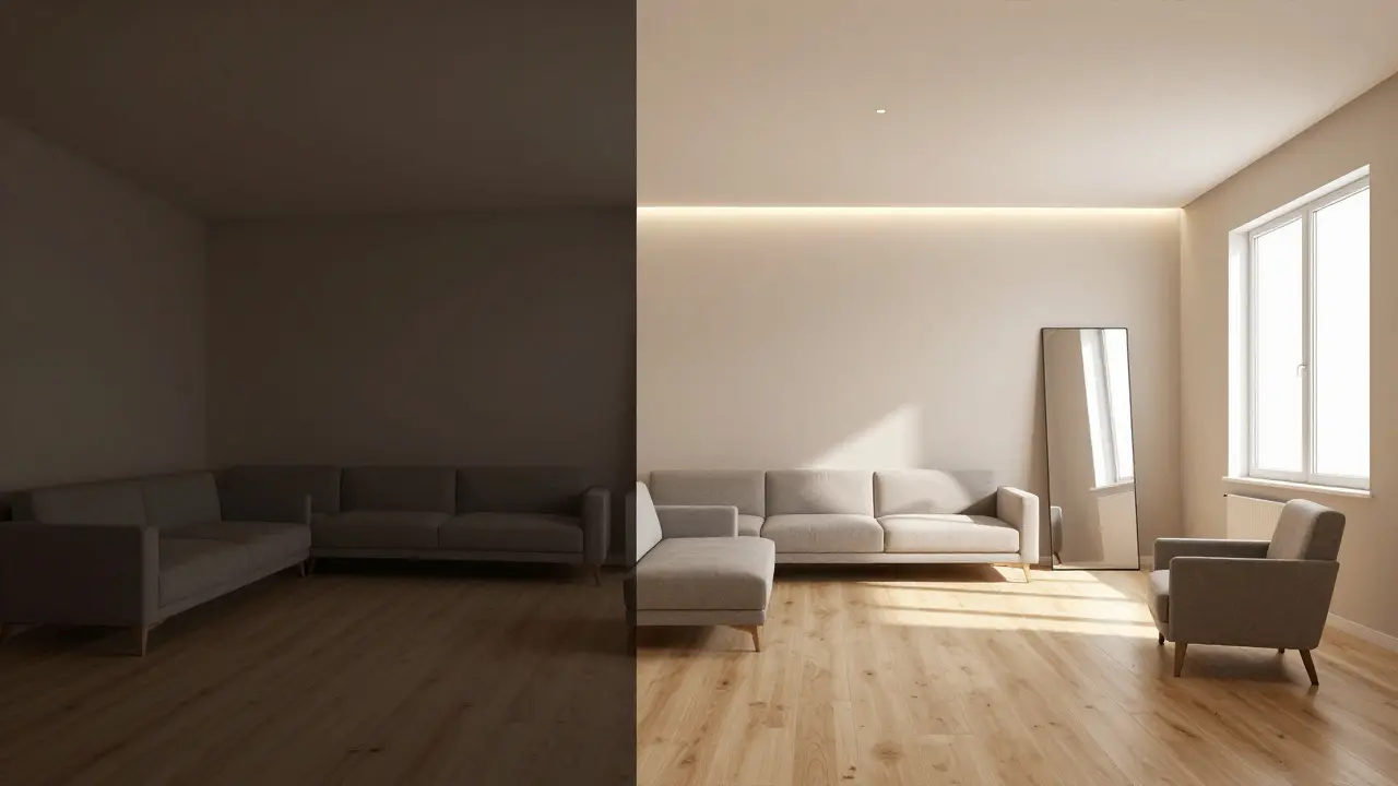 Pohled na stěny přecházející do stropu jedné barvy