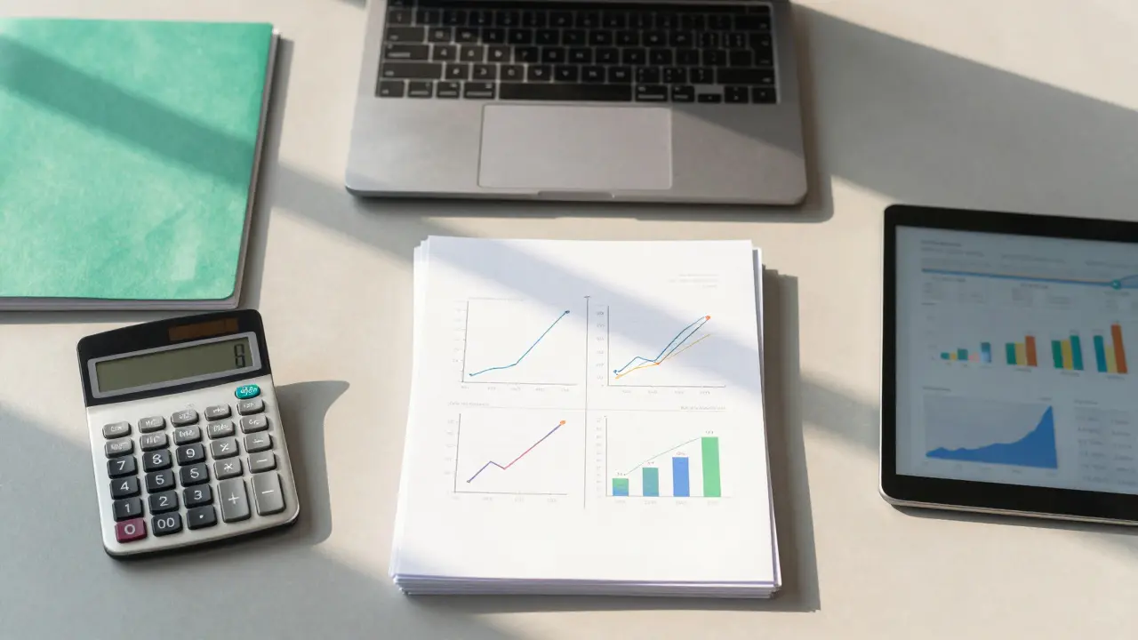 Pracovní stůl s kalkulačkou a papíry