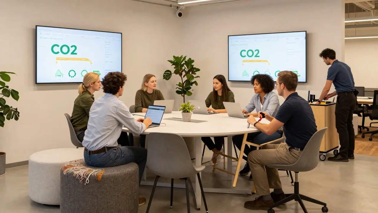Professionals in a co-working space using modular rental furniture, technician repairing a chair.