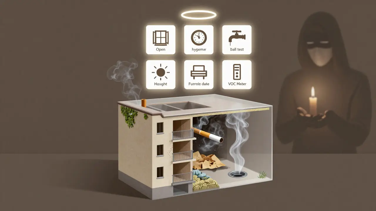 Průřez bytem s skrytými hrozbami: plíseň, kouř a suchý sifon, obklopený kontrolním seznamem.