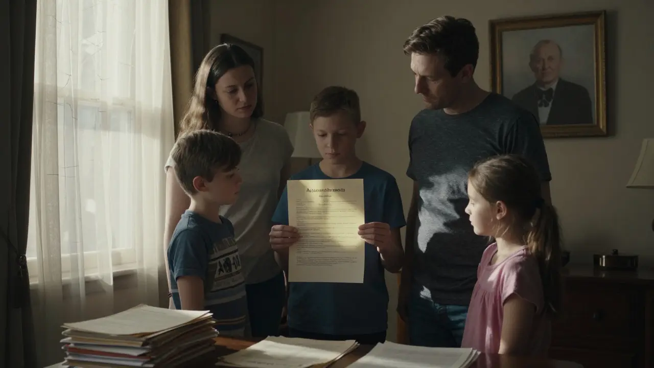 Rodina přijímá znalecký posudek po dědictví s emocionální náladou.