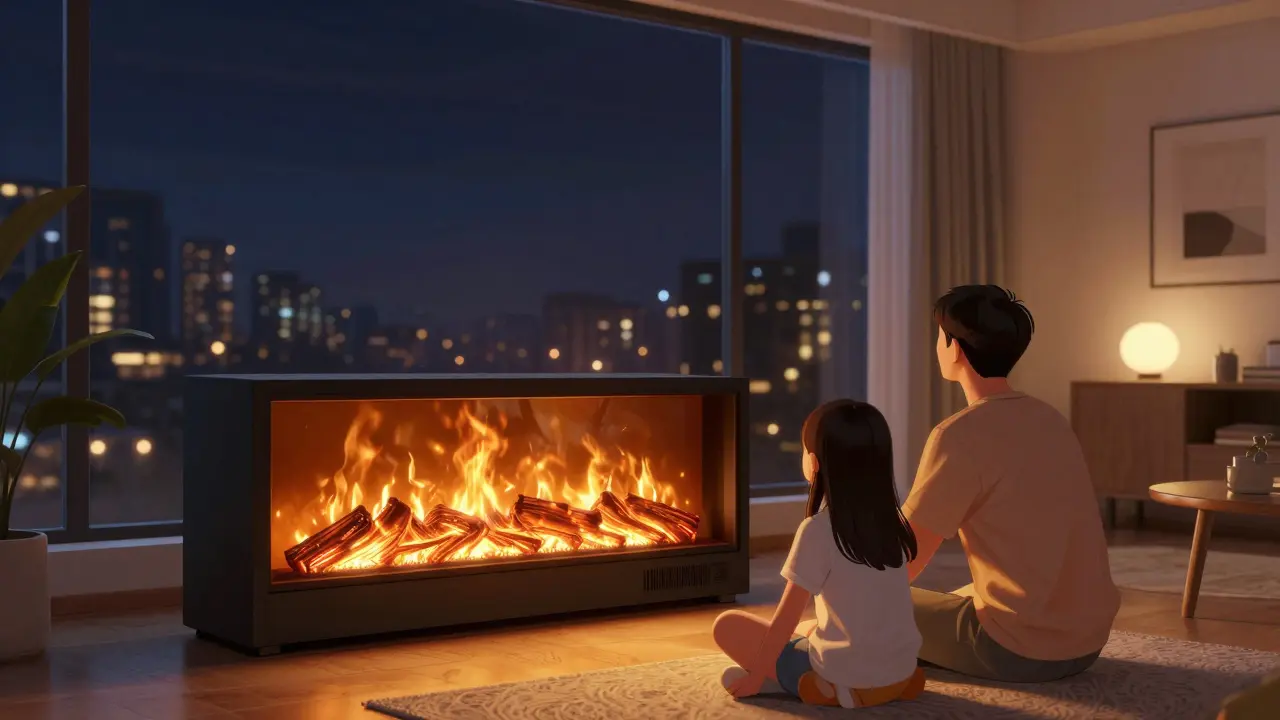 Rodina u elektrického krbu v bytě, kde plameny svítí bez tepla a nejsou žádné komíny.