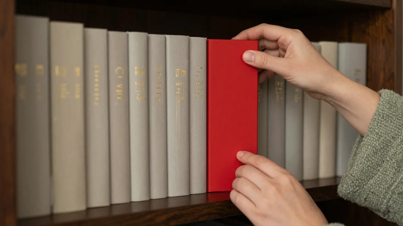 Ruce uspořádávají knihy v různých polohách na dřevěné polici, kde červená kniha vyniká mezi šedými a bílými svazky.