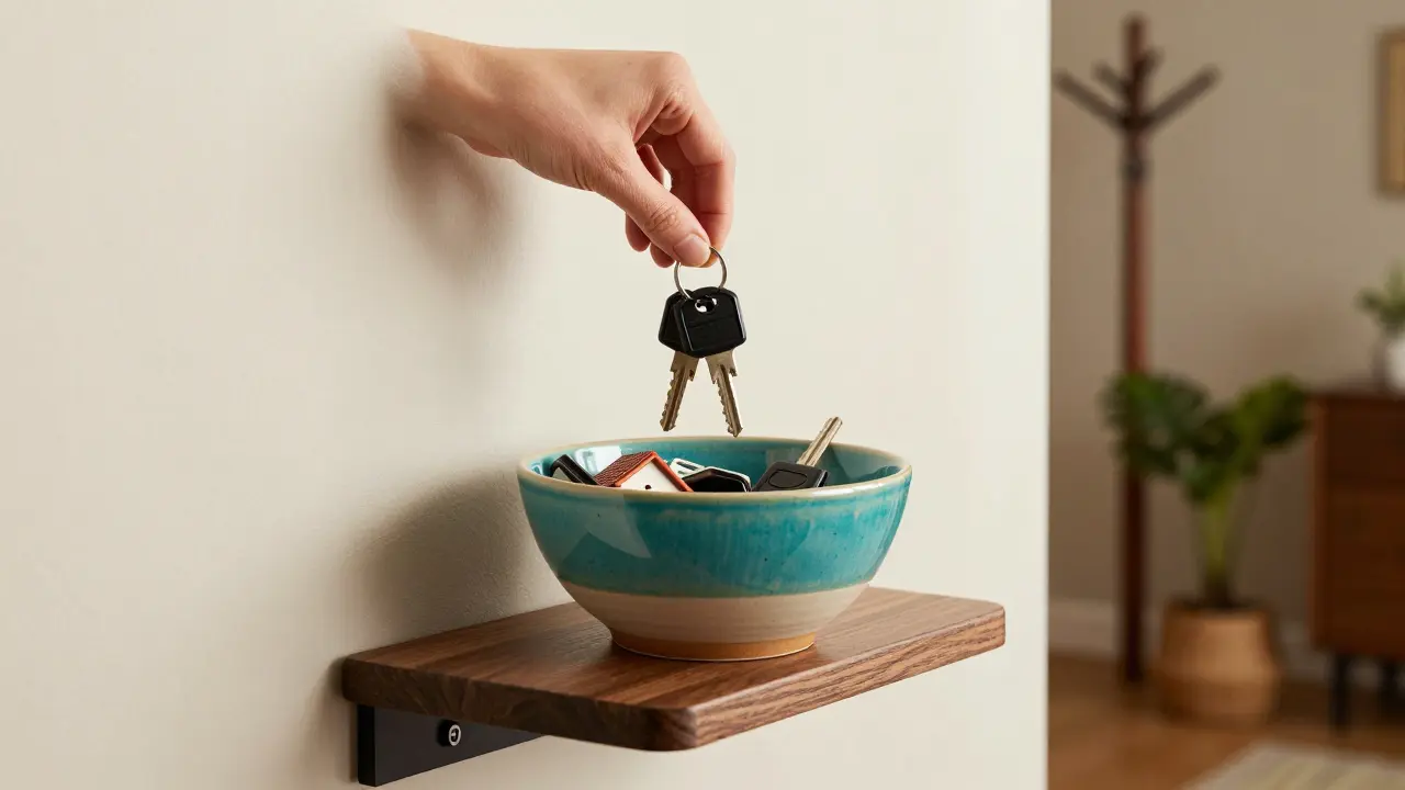 Ruka klade klíče do barevné keramické mise na stěně v předsíni, jeden klíč je ve vzduchu.