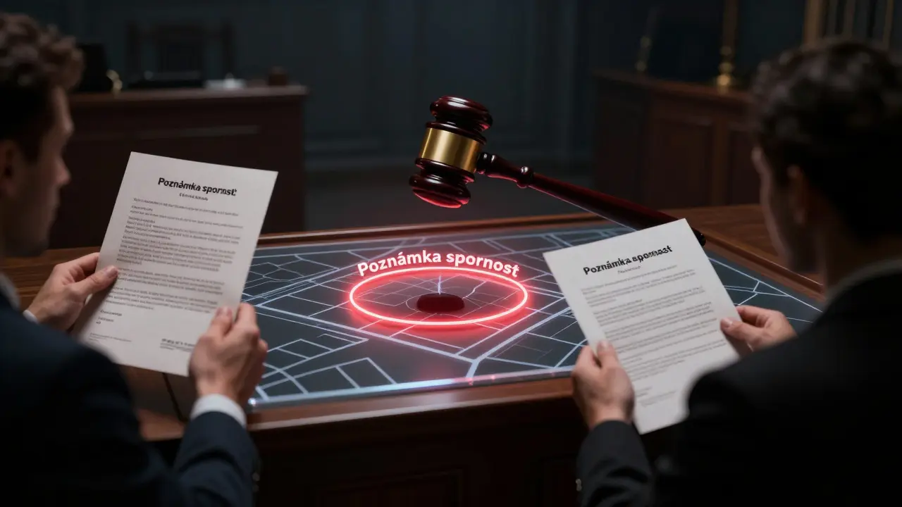 Soudní sál s průhlednou mapou pozemku obklopenou červenou čárou označující spornost vlastnictví.