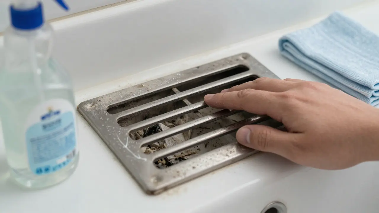 Zakázaná větrací mřížka s náhlou záplavou prachu a kondenzací.