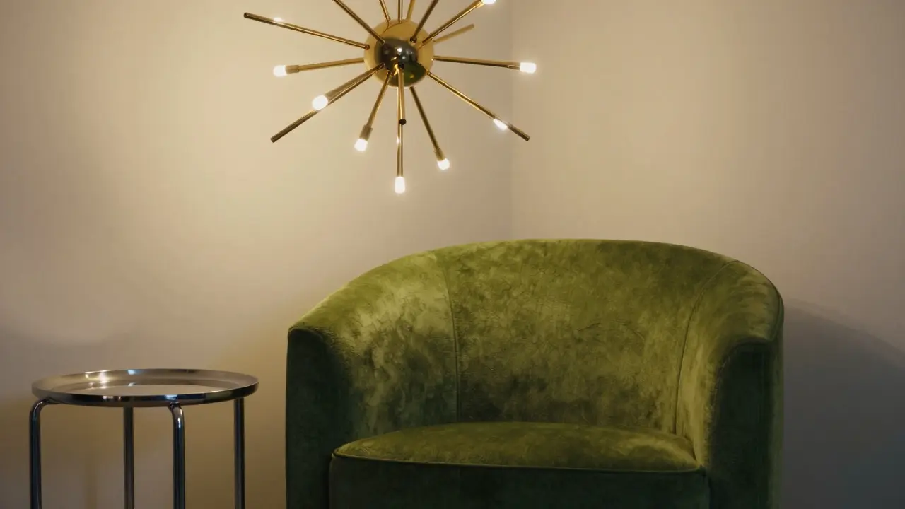 Avokádově zelené oblé křeslo s chromovaným stolkem a osvětlením typu Sputnik.