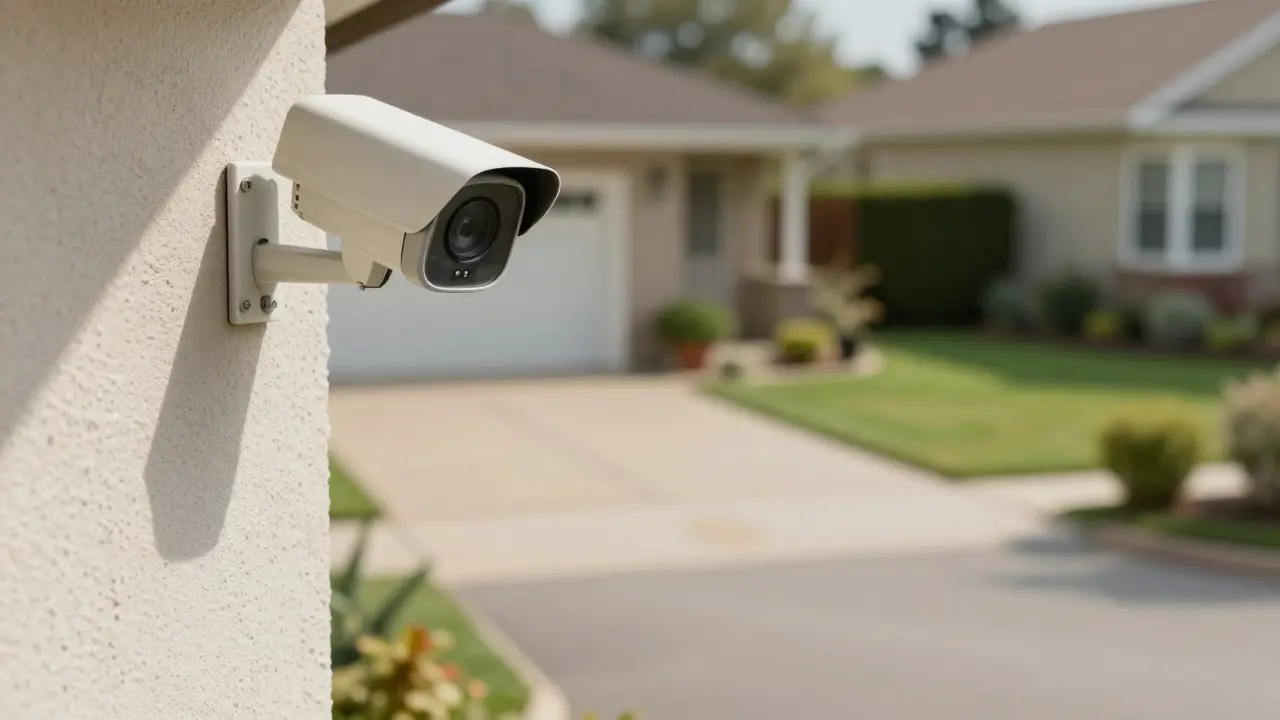 Bezpečnostní kamera s digitálním maskováním soukromí sousedovy zahrady.