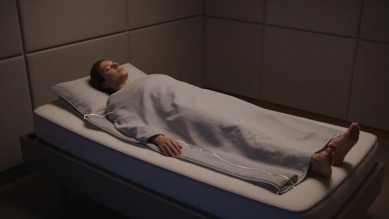 Člověk hluboko spící v regenerační zóně s grounding podložkou.