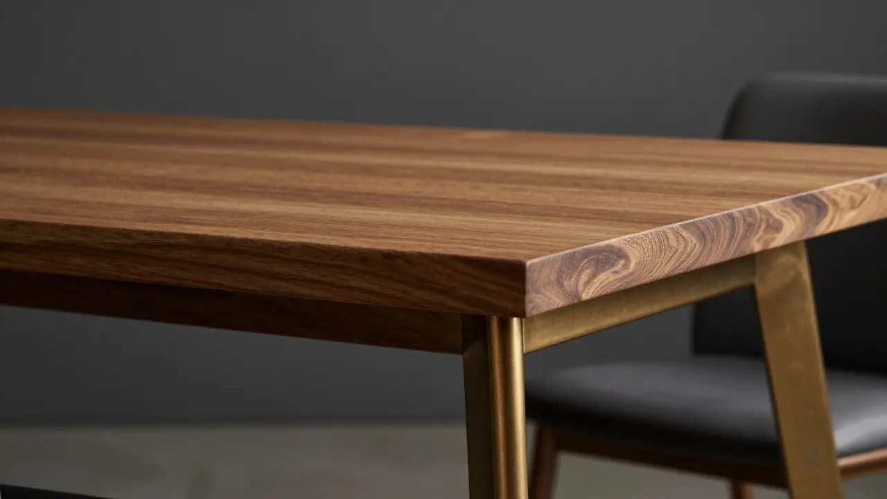 Detail dubového stolu s luxusními bronzovými kovovými nohama.