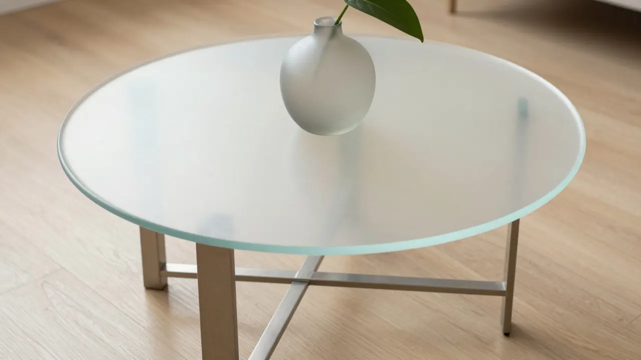 Detail kulatého stolu z pískovaného matného skla v moderním interiéru.