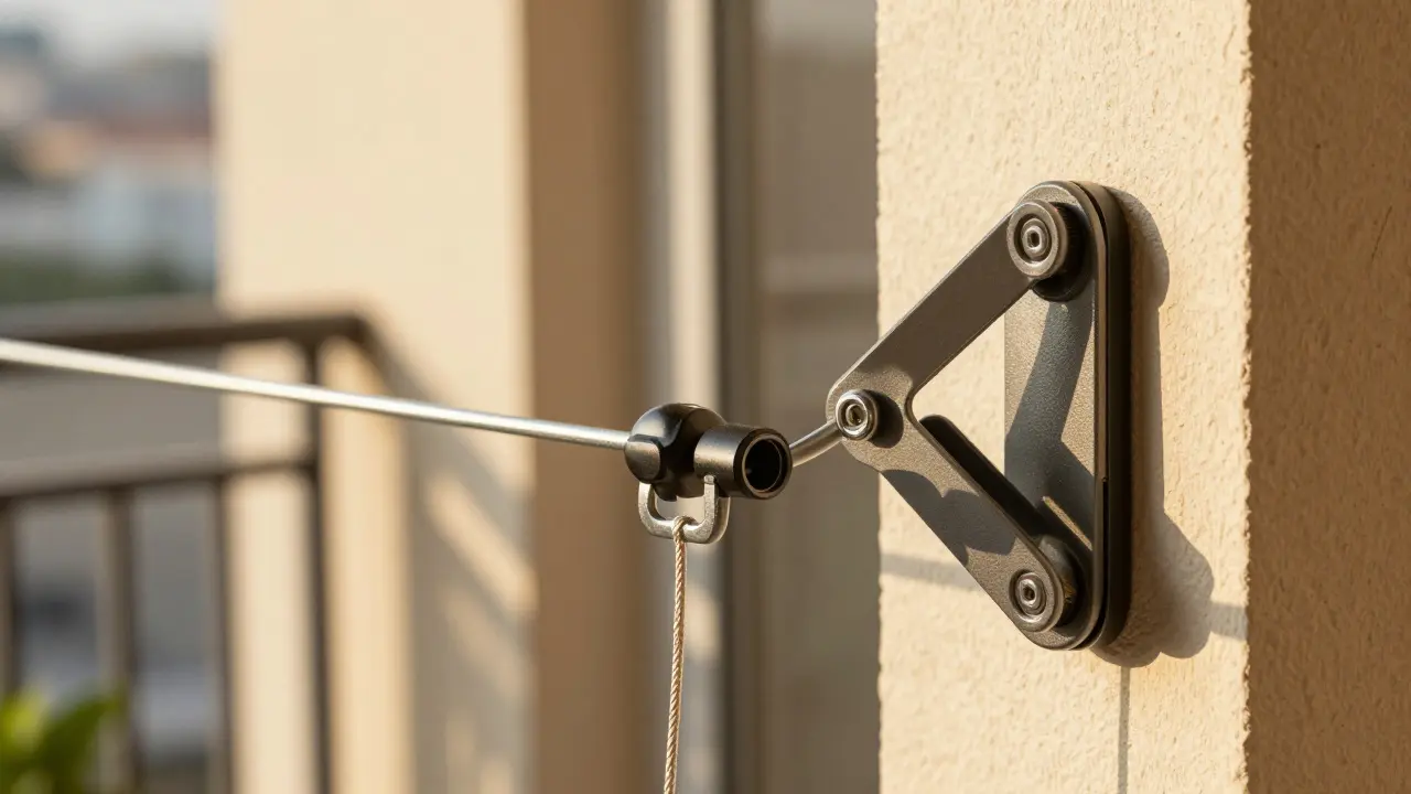 Detail kvalitního mechanismu svinovací šňůry na prádlo s důrazem na odolnost.