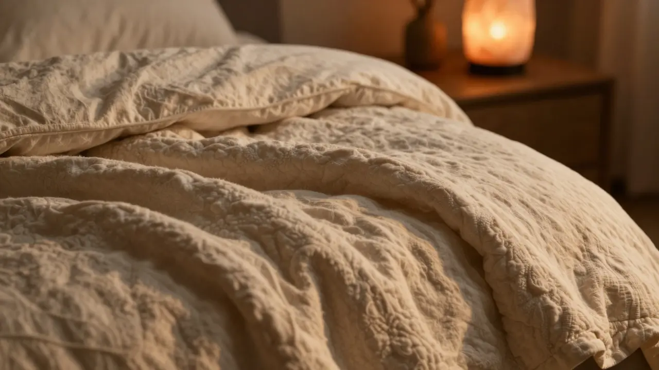 Detail přírodního lněného povlečení a zátěžové přikrývky v teplém světle.