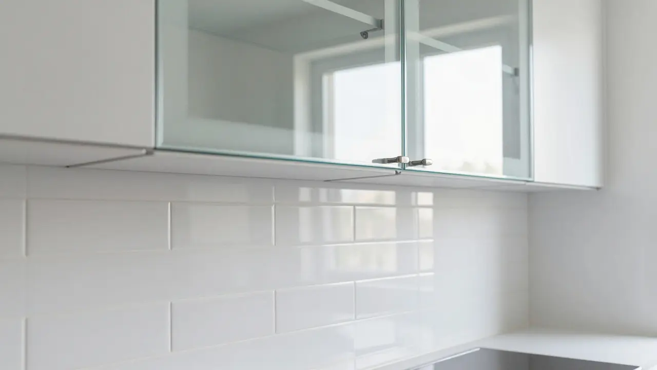 Detail reflexních povrchů a skleněných dvířek v kuchyni, které odrážejí přirozené světlo.