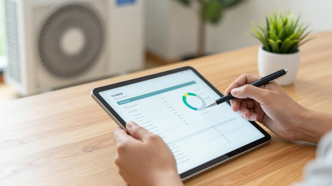 Detail rukou s tabletem při plánování financování tepelného čerpadla.