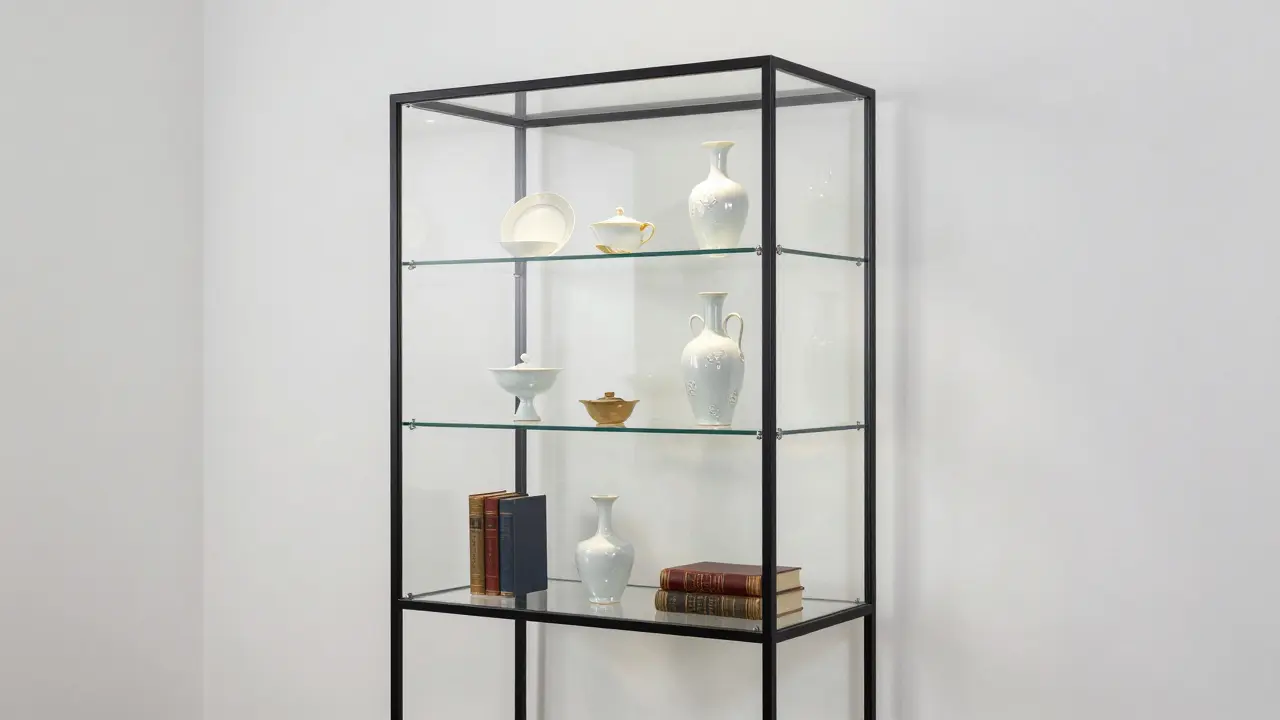 Elegantní skleněná vitrína s černým rámem a vystaveným porcelánem.
