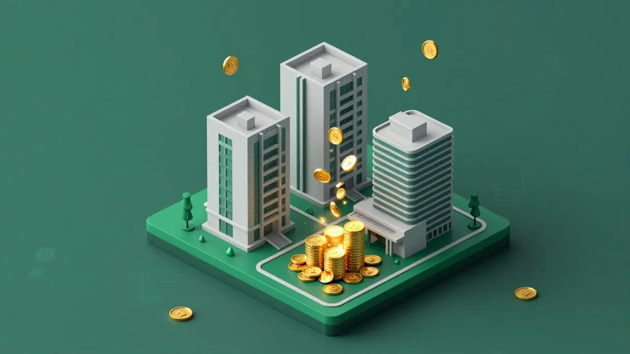 Izometrická ilustrace digitálního financování výstavby budov