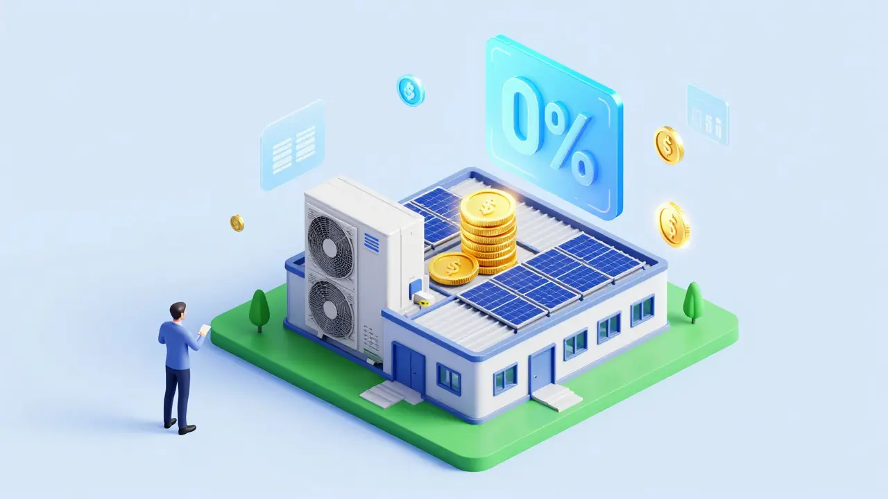 Izometrická ilustrace průmyslového objektu se soláry a symboly bezúročného úvěru.