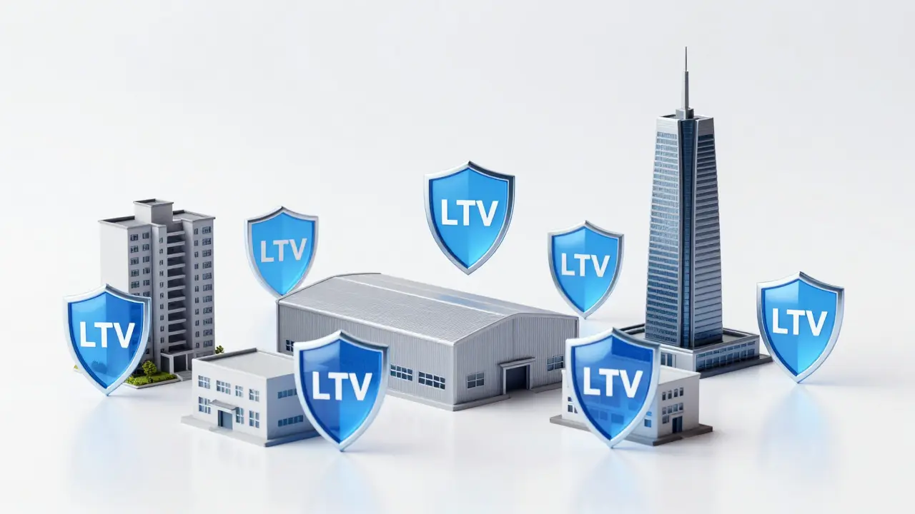 Kolekce různých miniatur budov chráněných modrými energetickými štíty