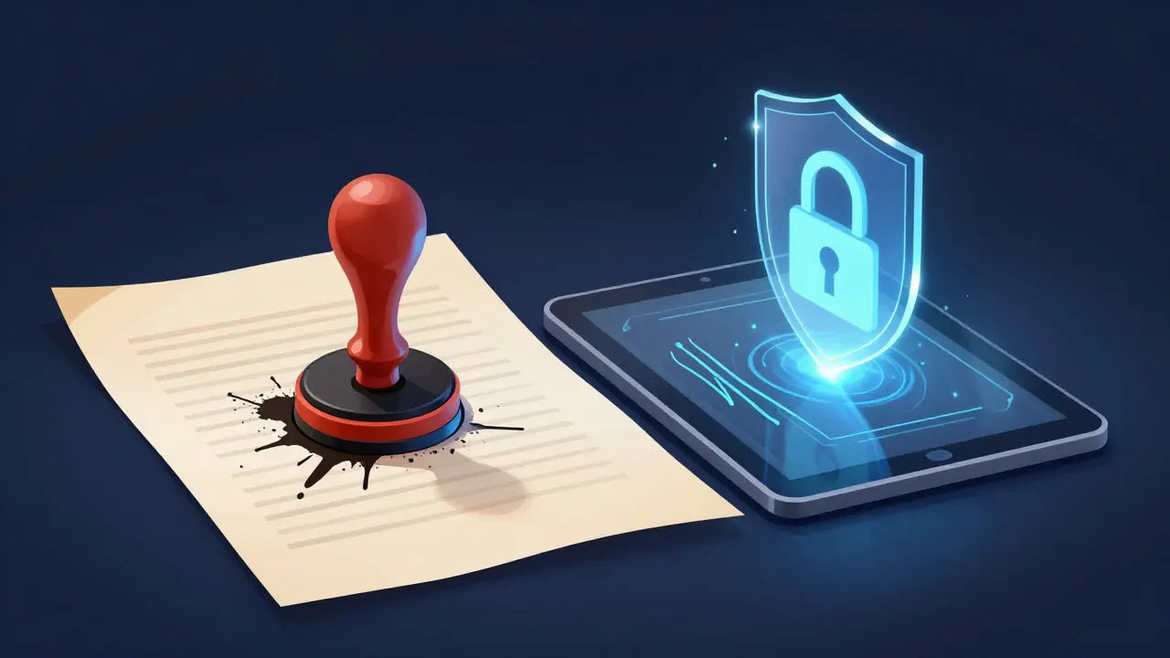 Kombinace tradičního úředního razítka a moderního elektronického podpisu.