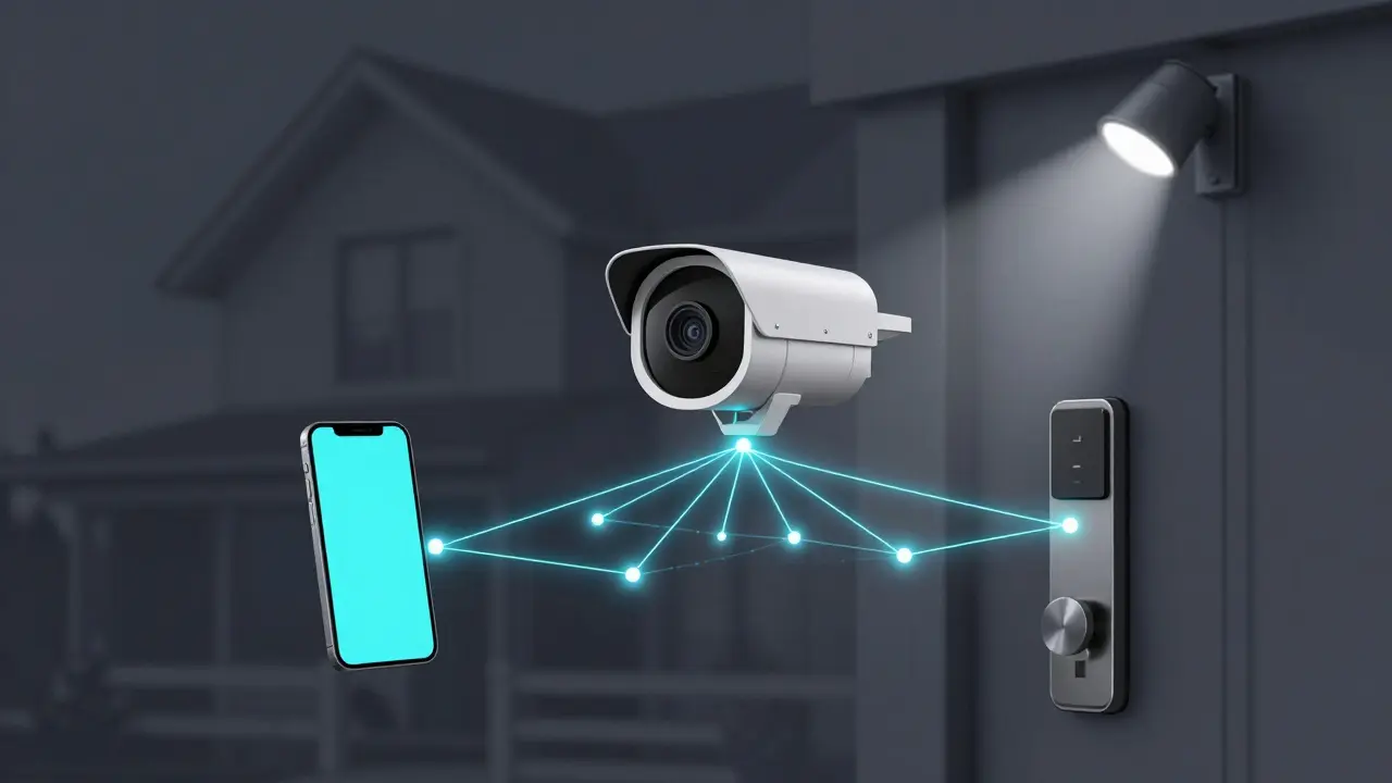 Konceptualizace propojení chytré kamery s mobilem a osvětlením v rámci IoT.