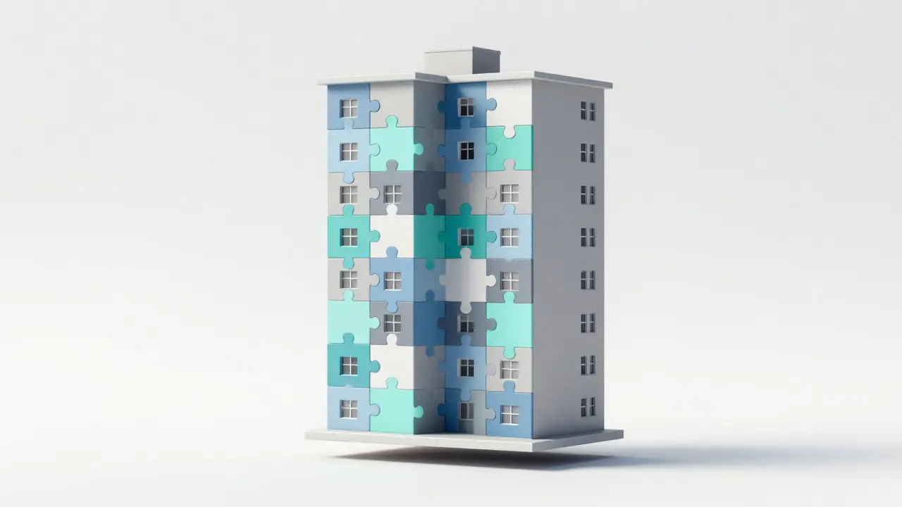 Konceptuální 3D model domu složeného z barevných puzzle dílků.