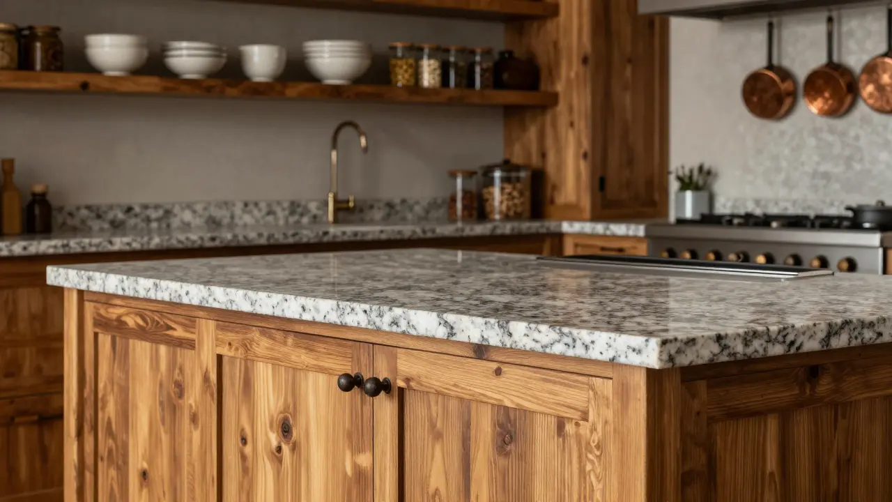 Kulinářský ostrov z masivního dřeva s granitovou deskou a keramickým nádobím.