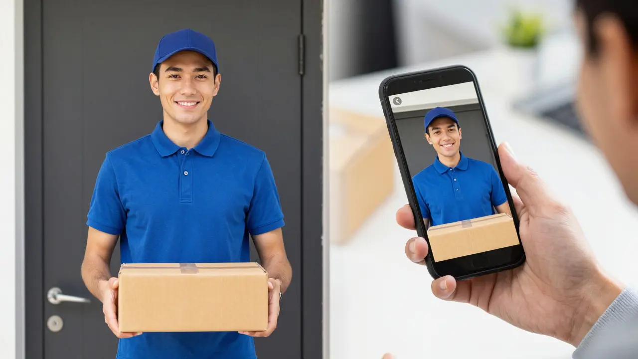 Kurýr u dveří a osoba v kanceláři komunikující s ním přes mobilní aplikaci.